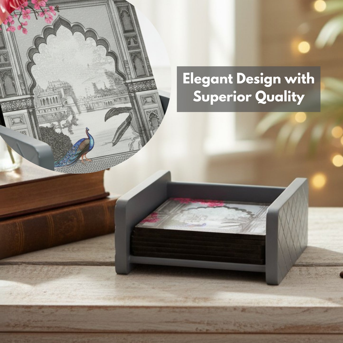 Coasters Set for Dining Table – Tea Coasters for Cups & Mugs | Elegant Table Décor Accessories – Set of 6 with Holder – Durable & Stylish