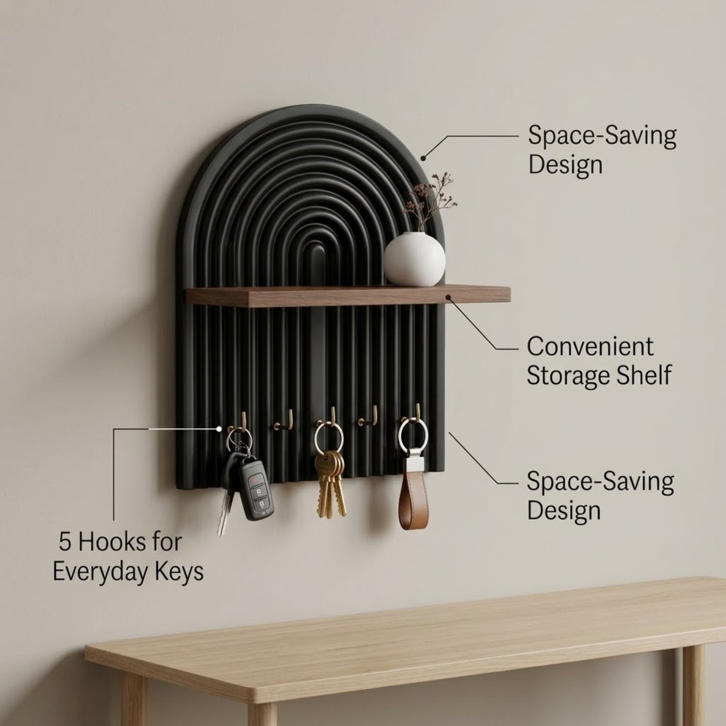 Home Sparkle Modern Wall Mounted Key Holder with Shelf | Wooden Entryway Organizer with 5 Hooks | Decorative Key Rack for Home & Office