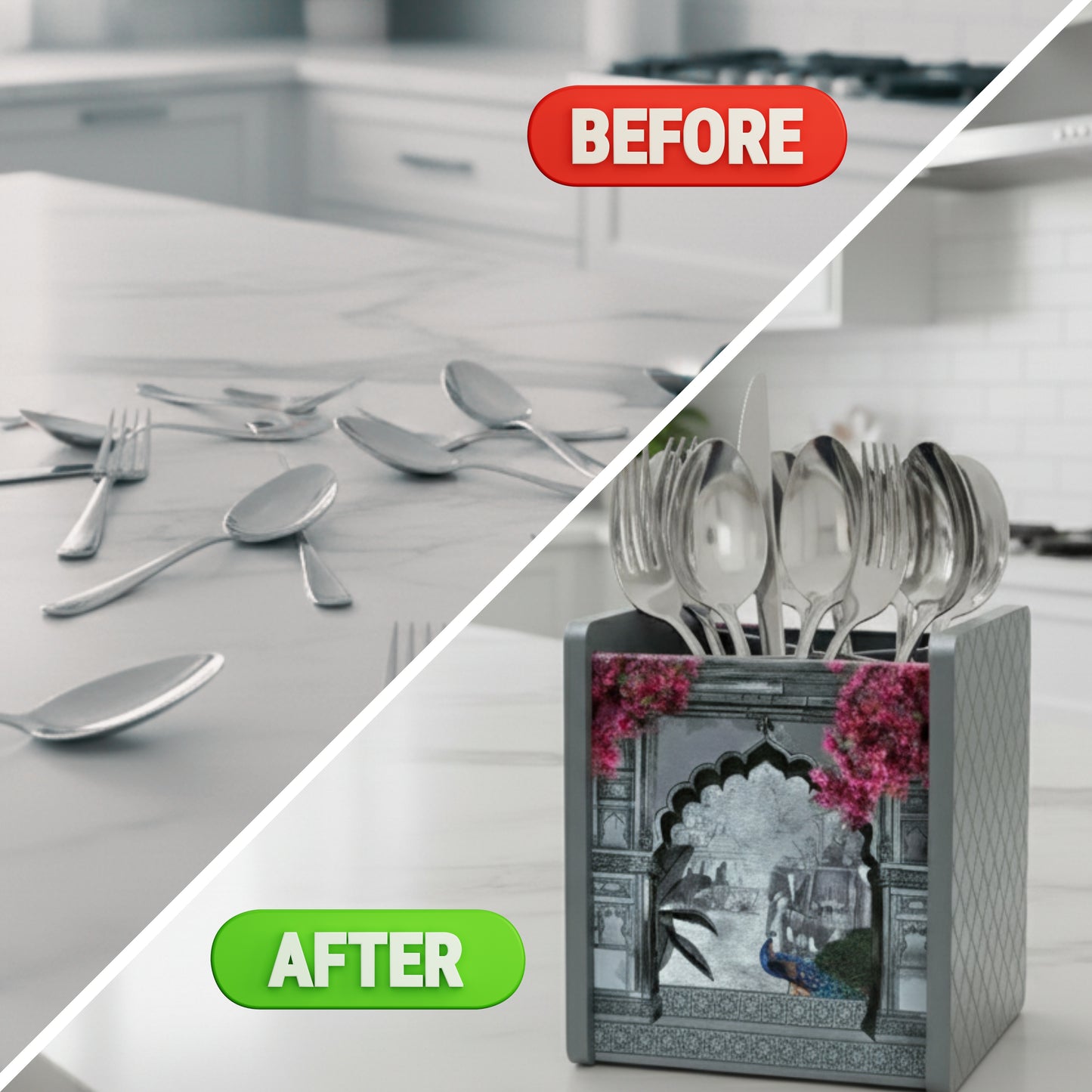 Wooden Cutlery Holder for Dining Table & Kitchen | Multi-Compartment Utensil Organizer for Spoons, Forks, Knives & Napkins