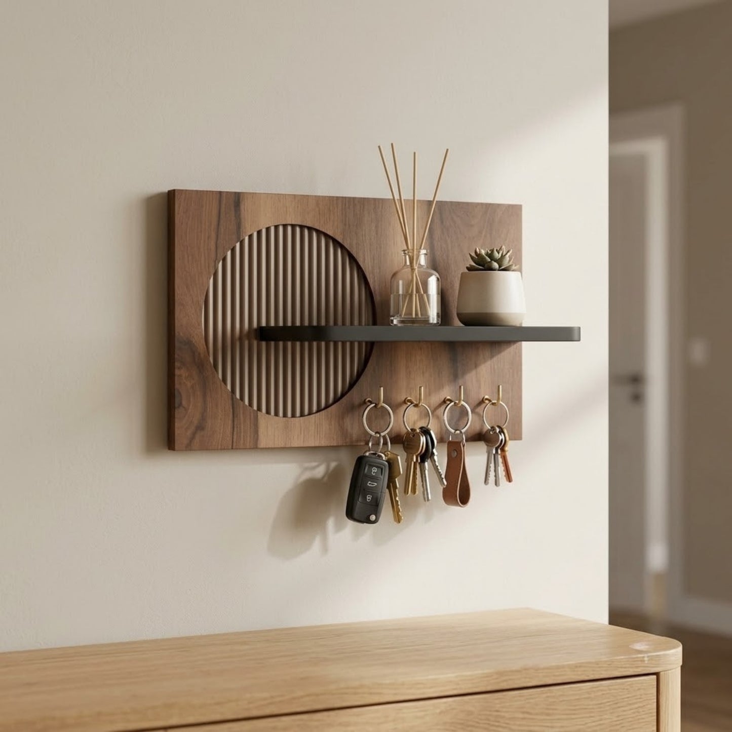 Home Sparkle Modern Beige Circle Key Holder with Shelf | Wooden Wall Mounted Key Organizer
