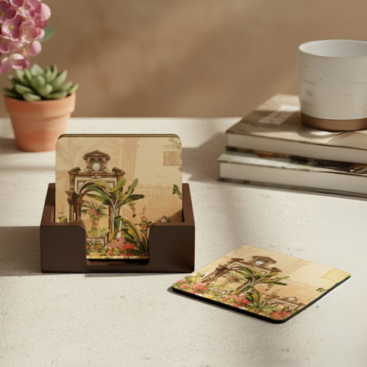 Coasters Set for Dining Table – Tea Coasters for Cups & Mugs | Elegant Table Décor Accessories – Set of 6 with Holder – Durable & Stylish