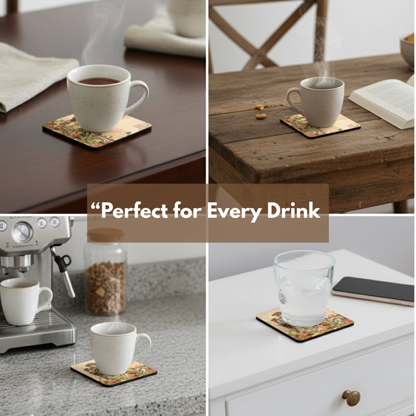 Coasters Set for Dining Table – Tea Coasters for Cups & Mugs | Elegant Table Décor Accessories – Set of 6 with Holder – Durable & Stylish