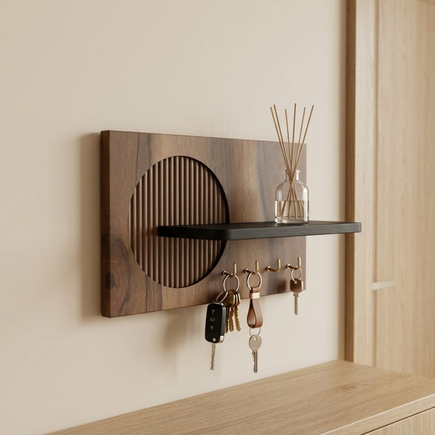 Home Sparkle Modern Beige Circle Key Holder with Shelf | Wooden Wall Mounted Key Organizer