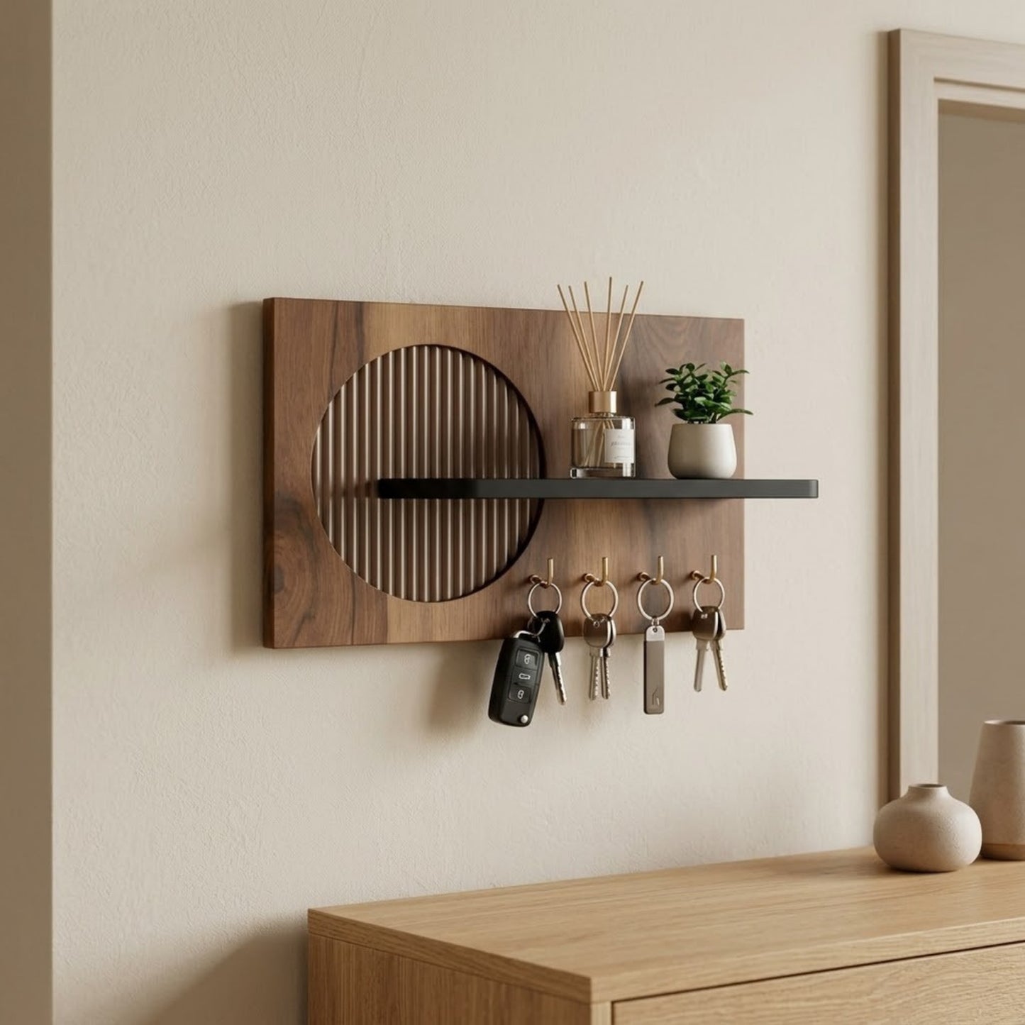 Home Sparkle Modern Beige Circle Key Holder with Shelf | Wooden Wall Mounted Key Organizer