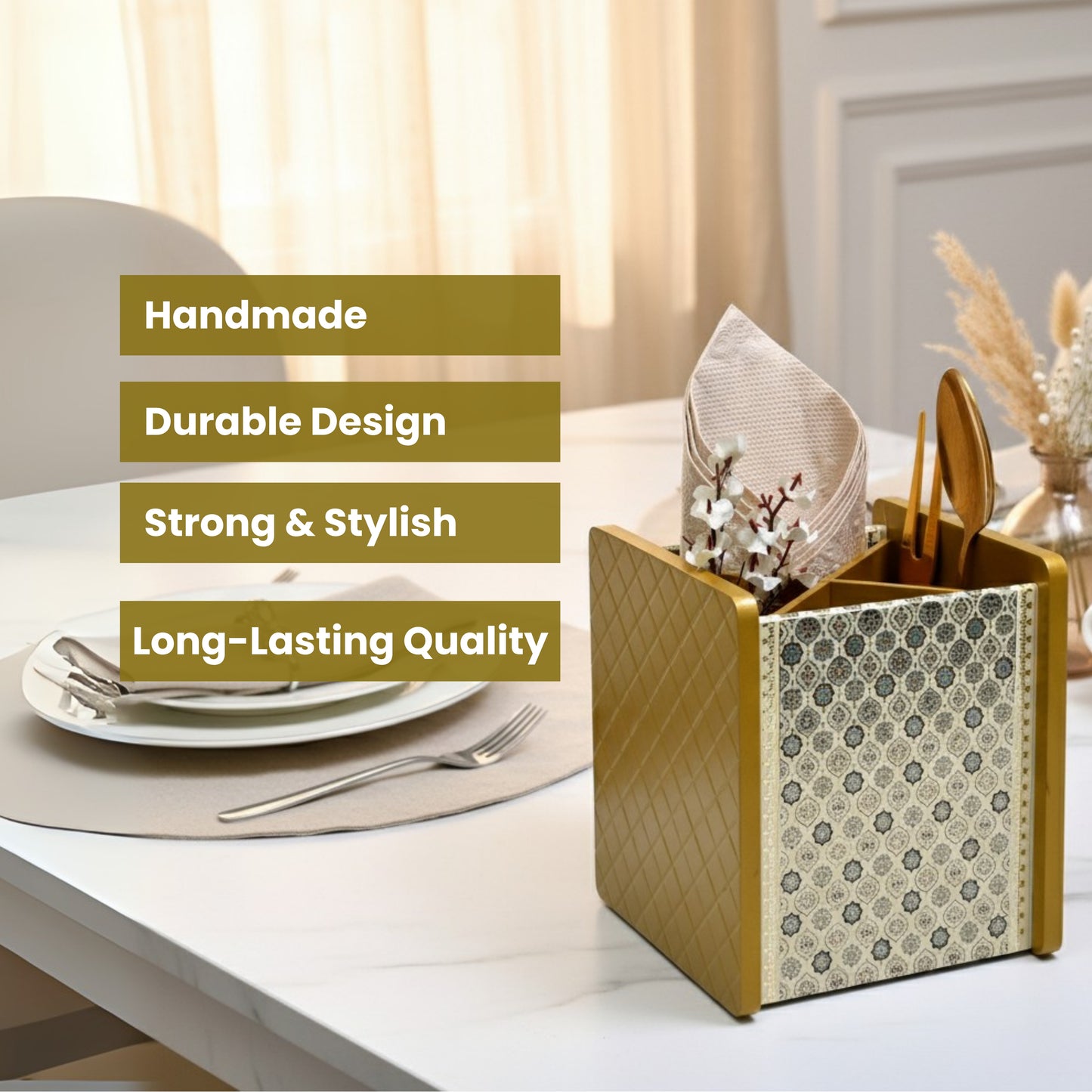 Wooden Cutlery Holder for Dining Table & Kitchen | Multi-Section Utensil Organizer for Spoons, Forks & Napkins – Stylish Table Accessory