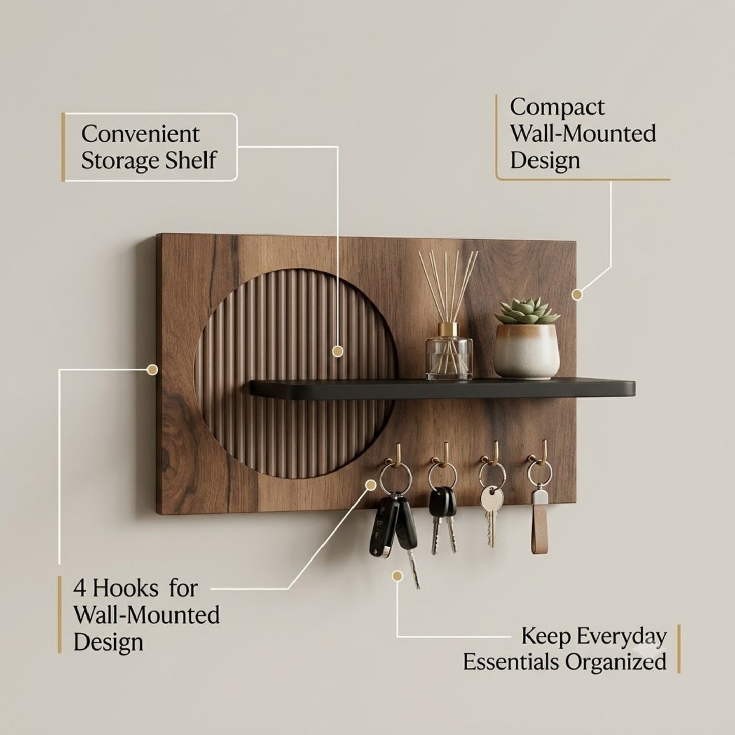Home Sparkle Modern Beige Circle Key Holder with Shelf | Wooden Wall Mounted Key Organizer