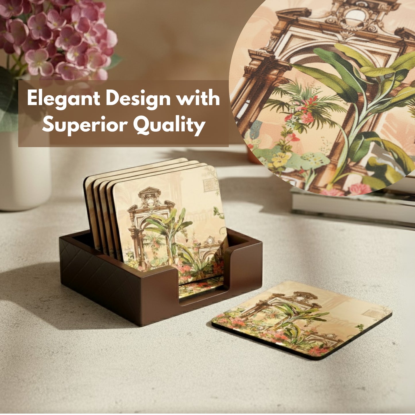 Coasters Set for Dining Table – Tea Coasters for Cups & Mugs | Elegant Table Décor Accessories – Set of 6 with Holder – Durable & Stylish