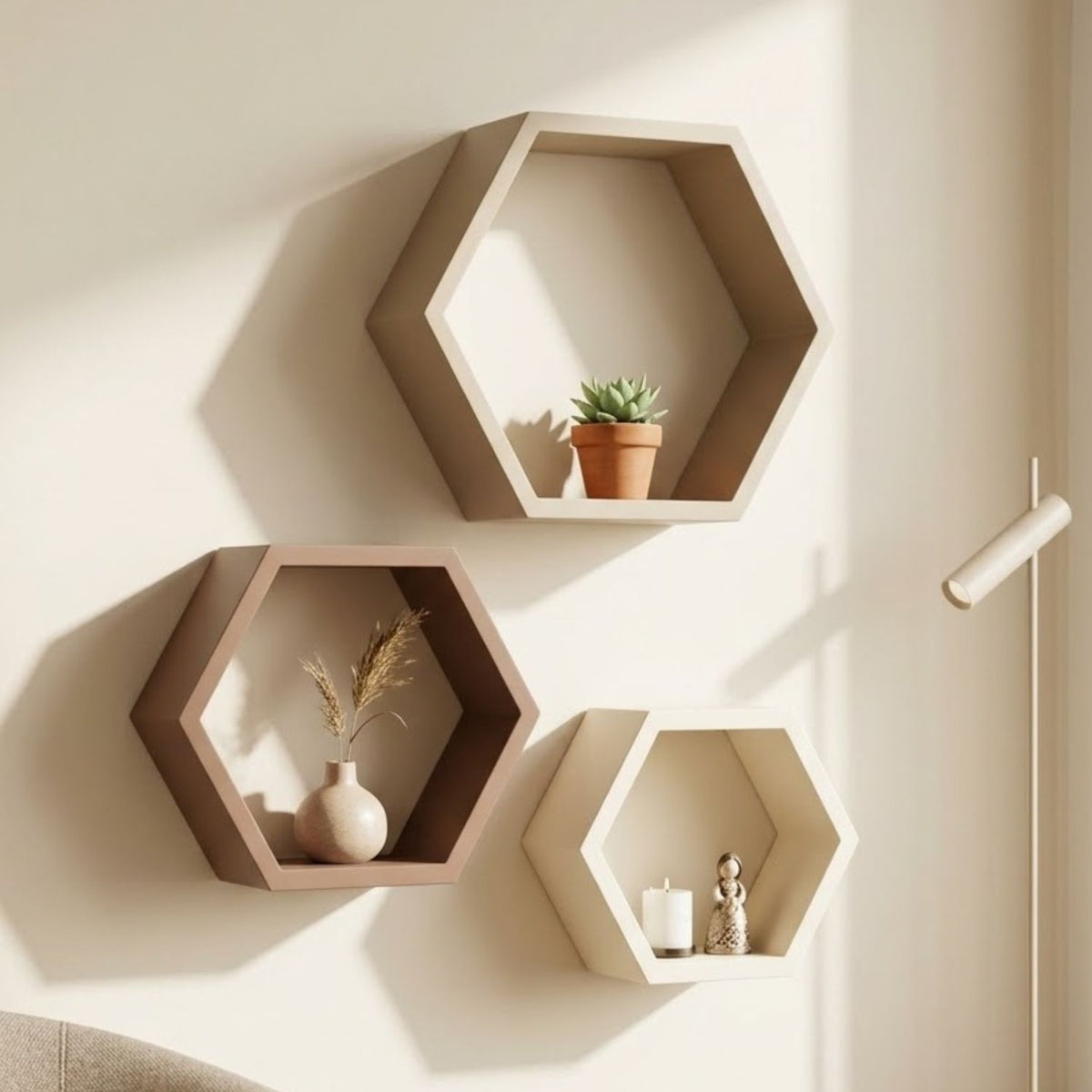 Hexagon Wall Shelf Set of 3 – Beige, Pale Brown & Ivory White