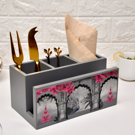 Wooden Cutlery & Tissue Holder for Dining Table | Multi-Compartment Organizer with Printed Design – Elegant Tabletop Accessory