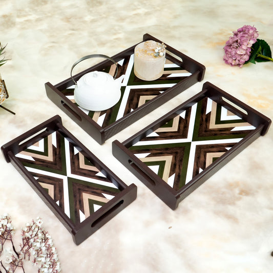 HomeSparkle Wooden Serving Tray Set of 3 – Sizes 16x10, 14x8 & 12x6 inch | Water-Resistant | MDF Print | Engineered Wood | Rectangular, Strong & Durable | Tray Set