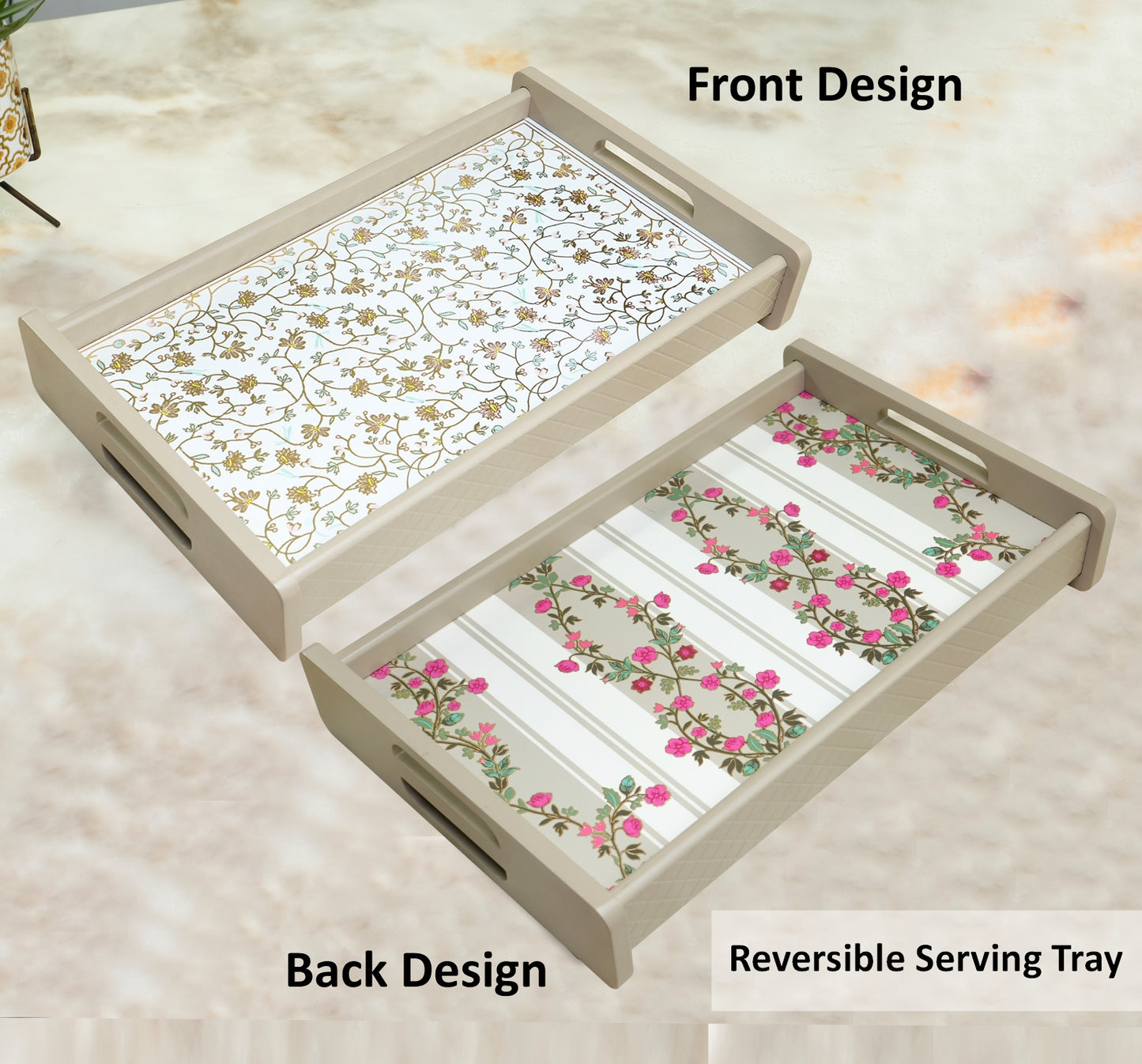 **Home Sparkle 18 Inch Reversible Wooden Serving Tray | Double-Sided Floral Printed Decorative Tray for Tea, Coffee, Breakfast & Snacks**