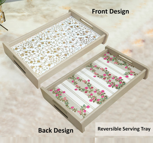 **Home Sparkle 18 Inch Reversible Wooden Serving Tray | Double-Sided Floral Printed Decorative Tray for Tea, Coffee, Breakfast & Snacks**