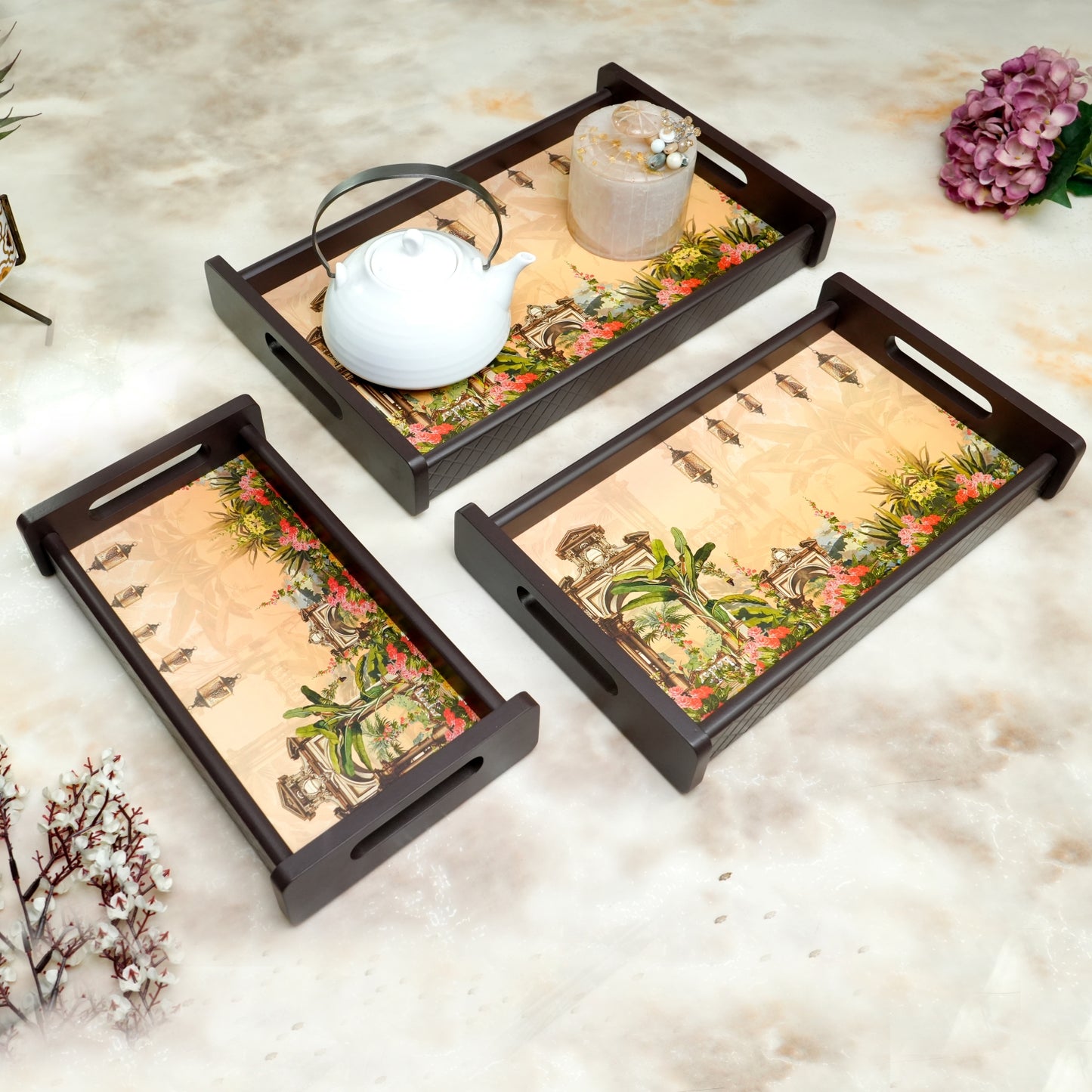 HomeSparkle Wooden Serving Tray Set of 3 – Sizes 16x10, 14x8 & 12x6 inch | Water-Resistant | MDF Print | Engineered Wood | Rectangular, Strong & Durable | Tray Set