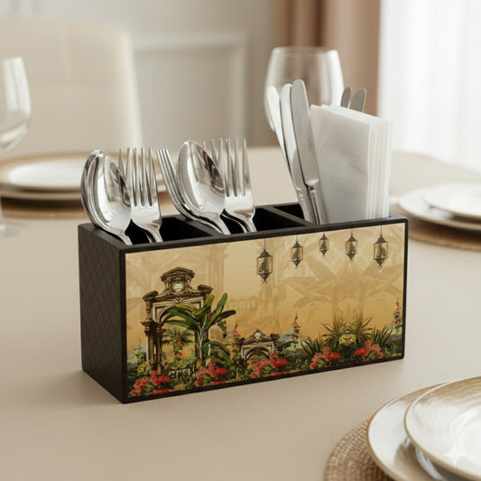 **Home Sparkle Wooden Cutlery & Tissue Holder | Decorative Tabletop Organizer with Separate Compartments | Spoon, Fork & Napkin Storage Box | Printed MDF Dining Table Organizer**