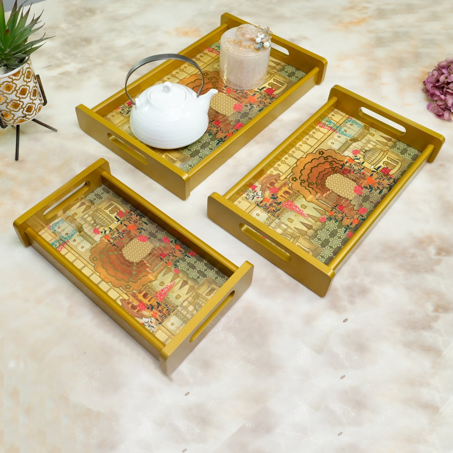 Set of 3 Printed Wooden Serving Trays for Kitchen, Tea, Coffee & Snacks | Decorative MDF Tray Set for Home & Gifting