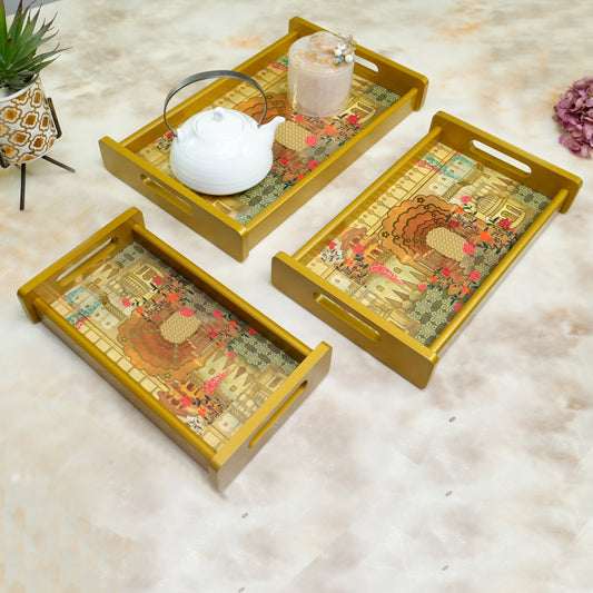 Set of 3 Printed Wooden Serving Trays for Kitchen, Tea, Coffee & Snacks | Decorative MDF Tray Set for Home & Gifting