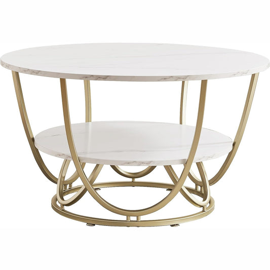 Home Sparkle Round Tier Coffee Table | White Marble Finish with Gold Metal Frame | Modern Luxury Living Room Table