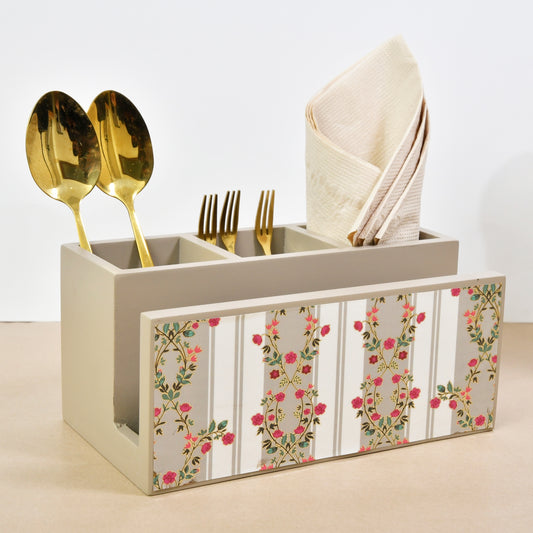 Wooden Cutlery & Tissue Holder for Dining Table | Multi-Compartment Organizer with Printed Design – Elegant Tabletop Accessory