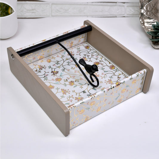 Wooden Tissue Box Holder for Dining Table & Living Room | Elegant Printed Napkin Organizer with Metal Handle