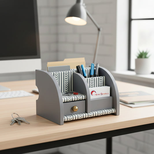 Home Sparkle Wooden Desk Organizer for Office & Home | Pen, File & Card Holder with Multi-Compartments & Drawer | Desk Accessories Organizer (Grey)