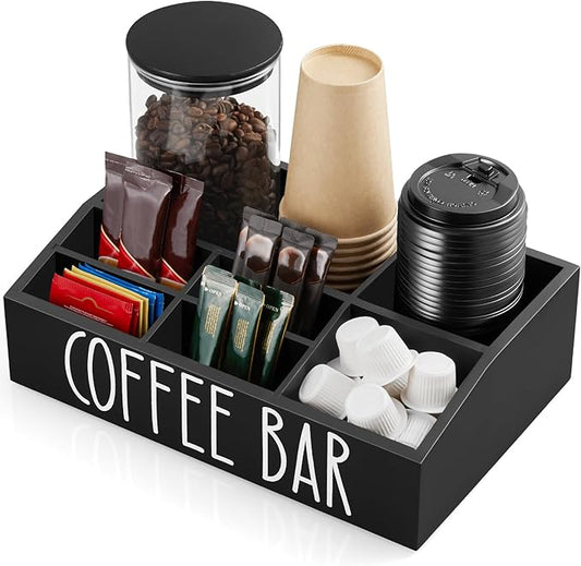 Home Sparkle Coffee Station Organizer for Counter – Rustic Wood Coffee Pod Holder with 7 Compartments, Tea & Condiment Storage, Farmhouse Coffee Bar Accessories for Kitchen or Office (G32N)