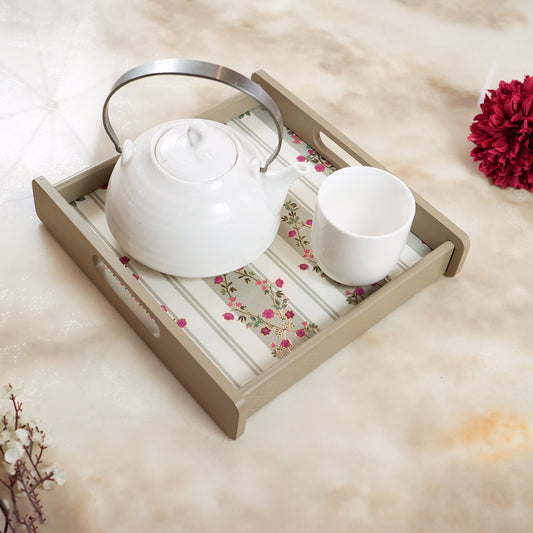 Square Wooden Serving Tray | Elegant Printed Tray for Home & Café Décor