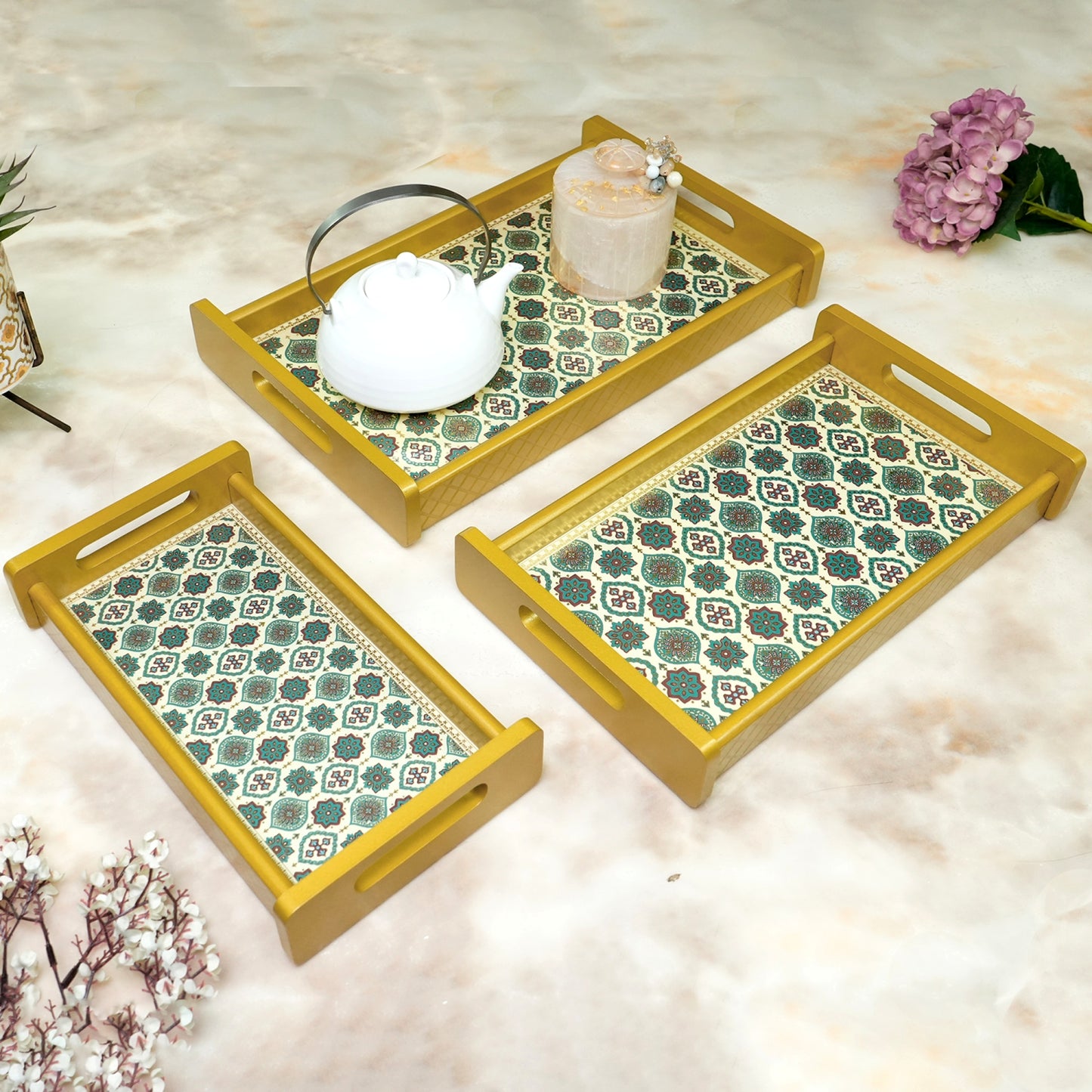 HomeSparkle Wooden Serving Tray Set of 3 – Sizes 16x10, 14x8 & 12x6 inch | Water-Resistant | MDF Print | Engineered Wood | Rectangular, Strong & Durable | Tray Set