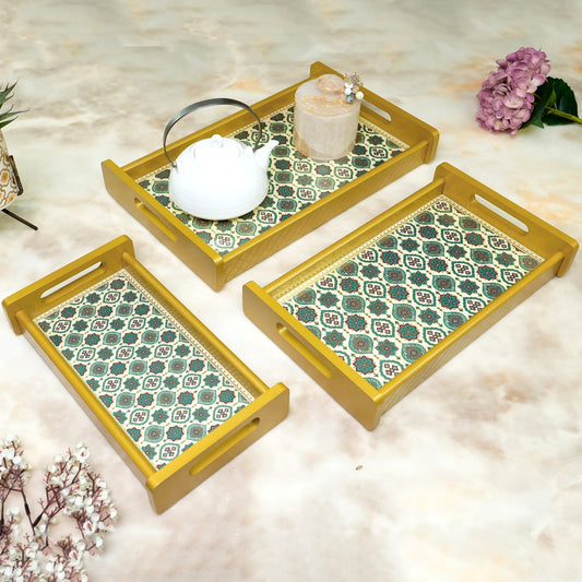 HomeSparkle Wooden Serving Tray Set of 3 – Sizes 16x10, 14x8 & 12x6 inch | Water-Resistant | MDF Print | Engineered Wood | Rectangular, Strong & Durable | Tray Set