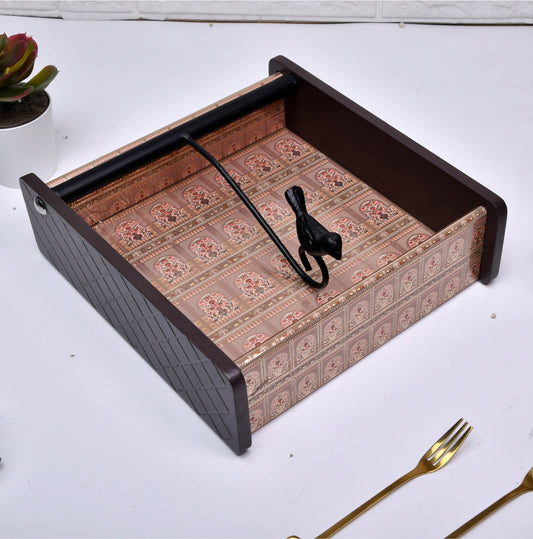 Wooden Tissue Box Holder for Dining Table & Living Room | Elegant Printed Napkin Organizer with Metal Handle