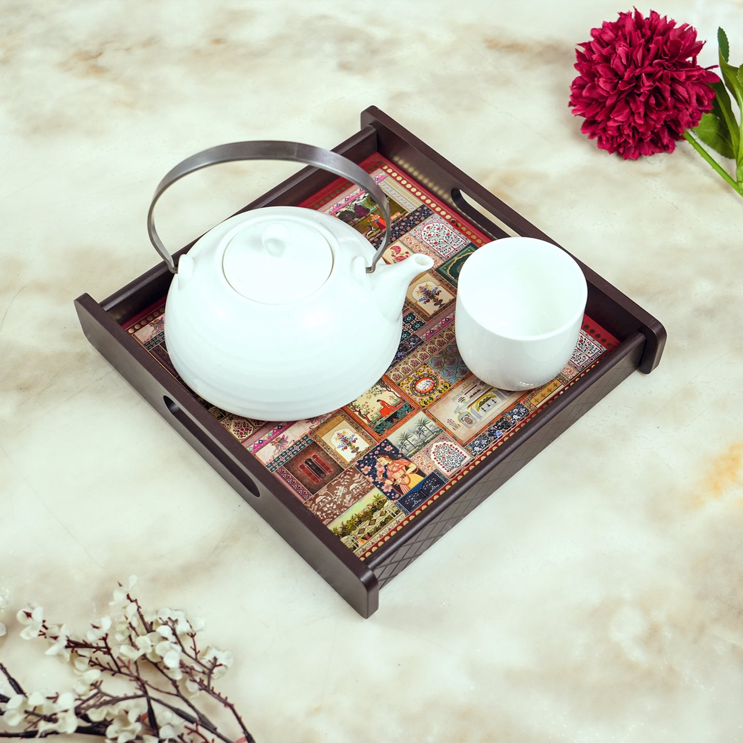 Square Wooden Serving Tray | Elegant Printed Tray for Home & Décor