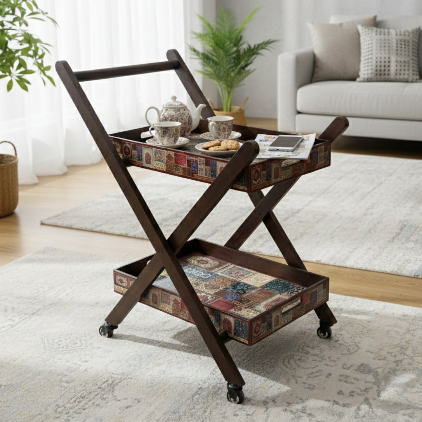 Home Sparkle Premium Folding Tea Trolley with 2 Removable Serving Trays | Wooden Rolling Serving Cart with Wheels | Mosaic Pattern | Kitchen, Dining & Living Room Utility Trolley