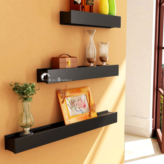 Home Sparkle Modern Floating Wall Shelves Set of 3 – Premium Black Wall Mounted Display Shelves for Living Room, Bedroom & Office