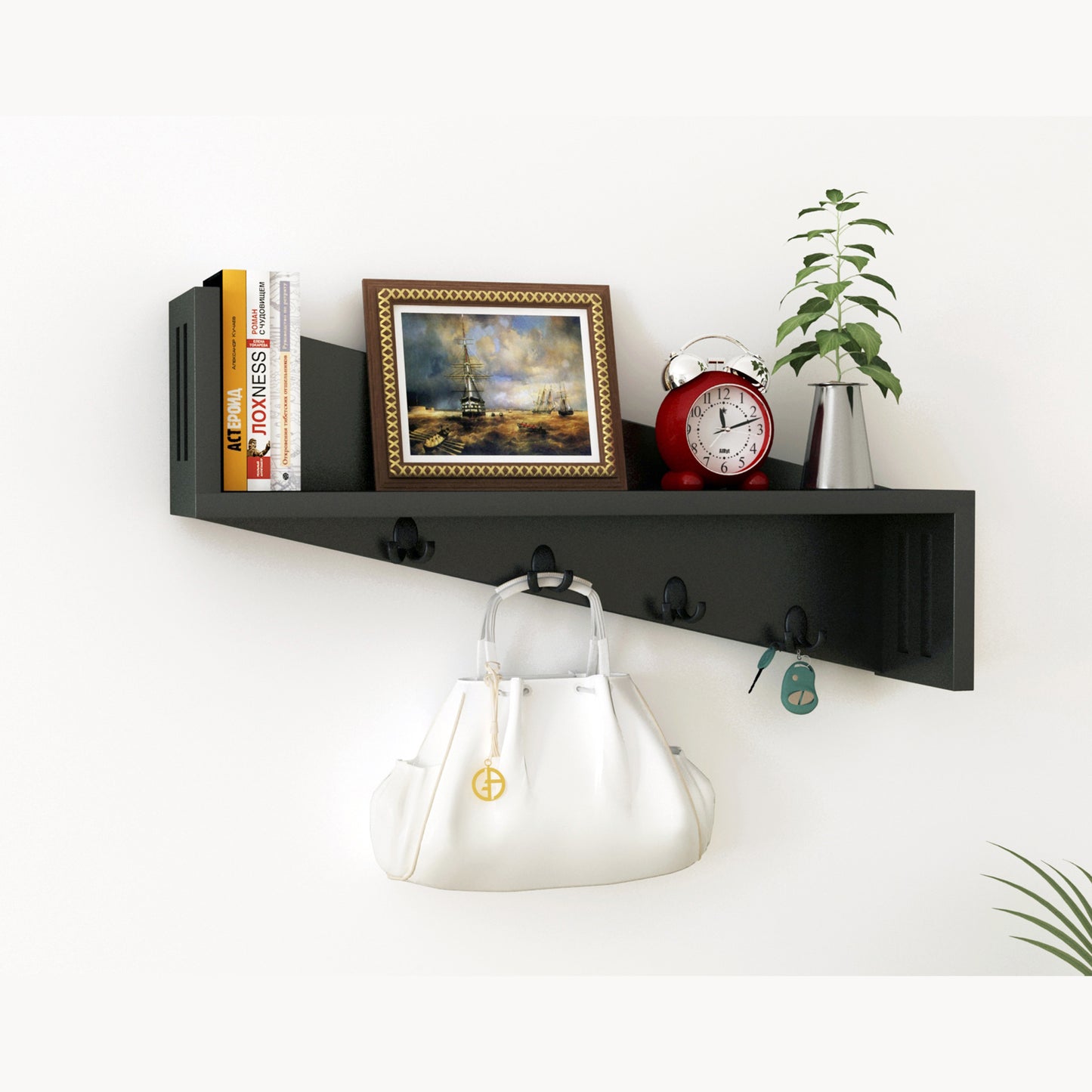 Home Sparkle Wall Mounted Entryway Shelf with 4 Key Hooks | Wooden Floating Wall Shelf for Keys, Bags, Décor & Storage | Premium Engineered Wood | Black