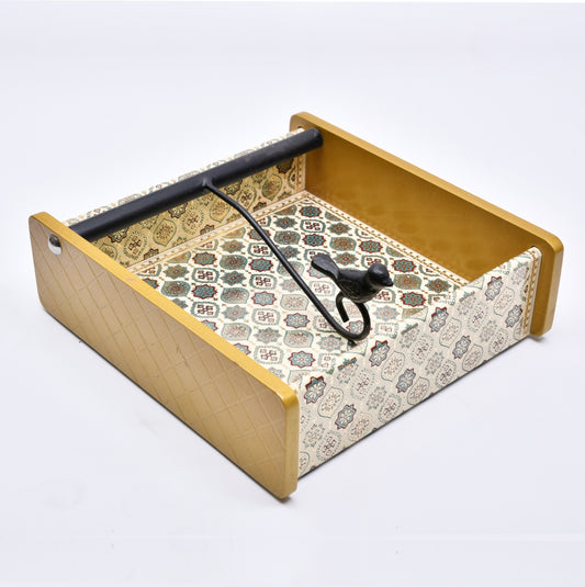 Wooden Tissue Box Holder for Dining Table & Living Room | Elegant Printed Napkin Organizer with Metal Handle