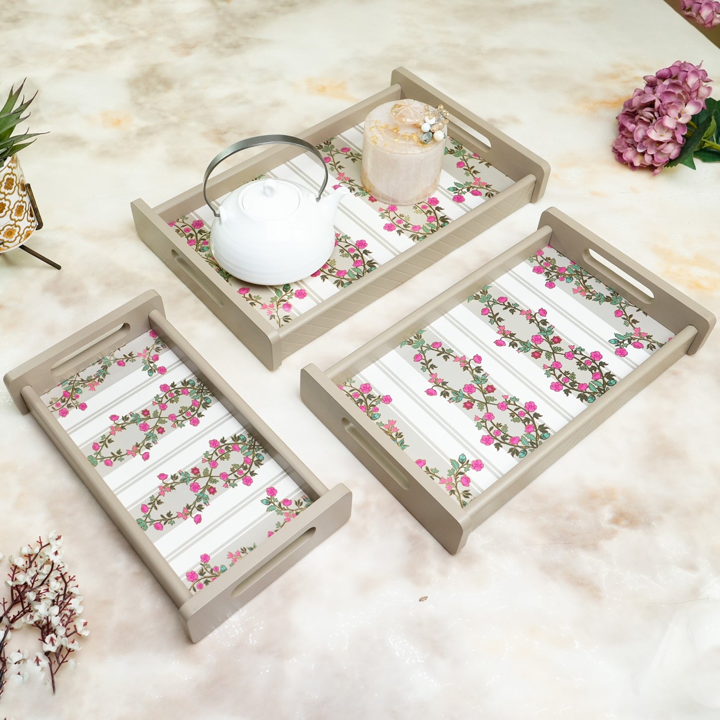 Set of 3 Printed Wooden Serving Trays for Kitchen, Tea, Coffee & Snacks | Decorative MDF Tray Set for Home & Gifting