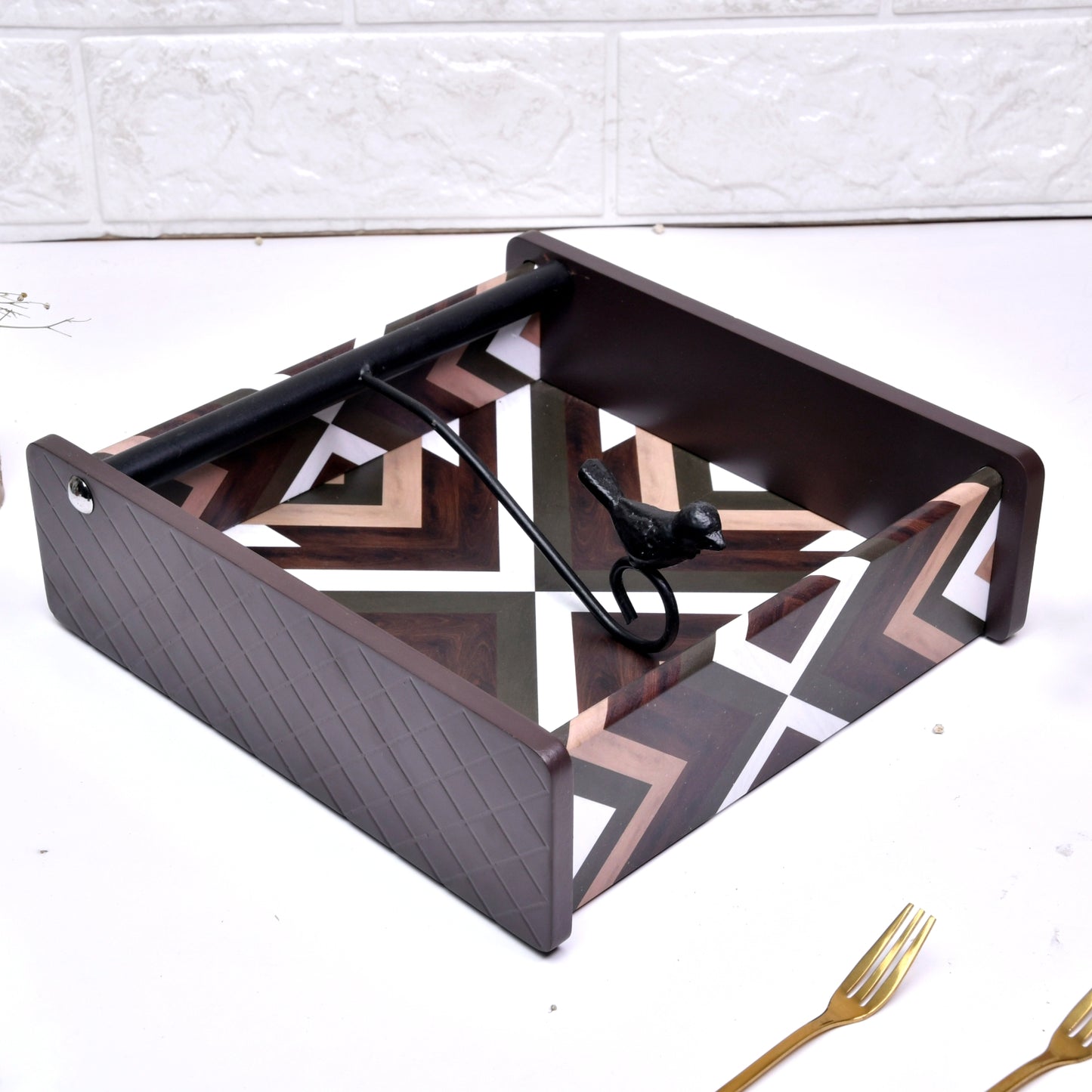 Decorative Wooden Tissue Box Holder for Dining Table & Living Room | Elegant Napkin Organizer with Printed Design