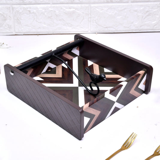 Decorative Wooden Tissue Box Holder for Dining Table & Living Room | Elegant Napkin Organizer with Printed Design