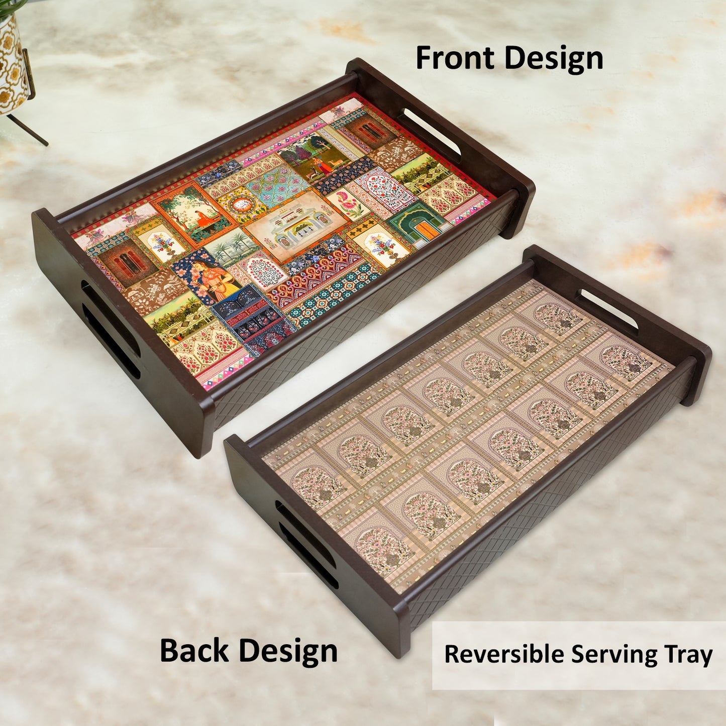 **Home Sparkle 18 Inch Reversible Wooden Serving Tray | Double-Sided Printed Decorative Tray for Tea, Coffee & Breakfast | Elegant Home Serving Tray**