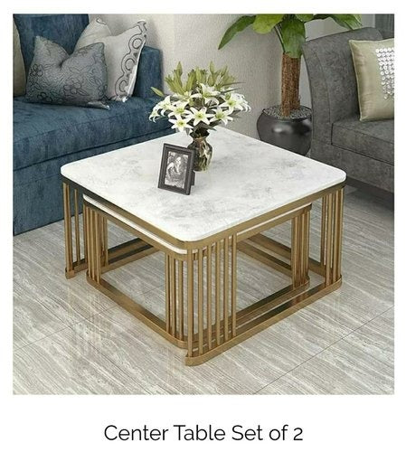Home Sparkle Square Coffee Table Set of 2 | Modern Gold Frame with White Marble Finish | Nesting Side Tables for Living Room