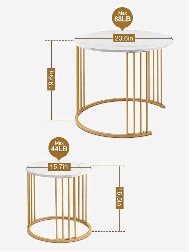 Home Sparkle Modern Round Nesting Coffee Table Set | White Marble-Look Top with Gold Finish Metal Frame | Elegant Center Table Set for Living Room | Contemporary Home Décor