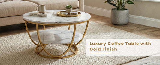 Home Sparkle Round Tier Coffee Table | White Marble Finish with Gold Metal Frame | Modern Luxury Living Room Table