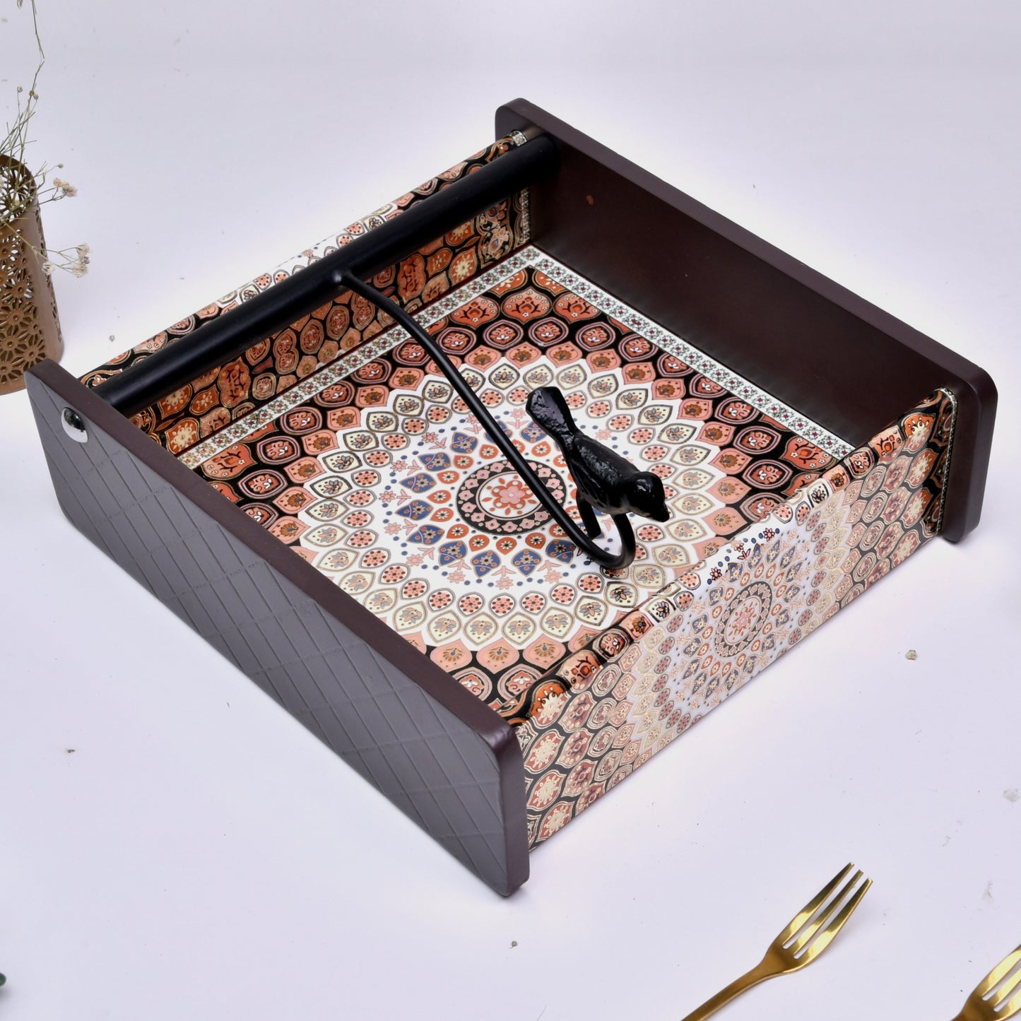 Wooden Tissue Box Holder for Dining Table & Living Room | Elegant Printed Napkin Organizer with Metal Handle