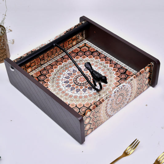 Wooden Tissue Box Holder for Dining Table & Living Room | Elegant Printed Napkin Organizer with Metal Handle