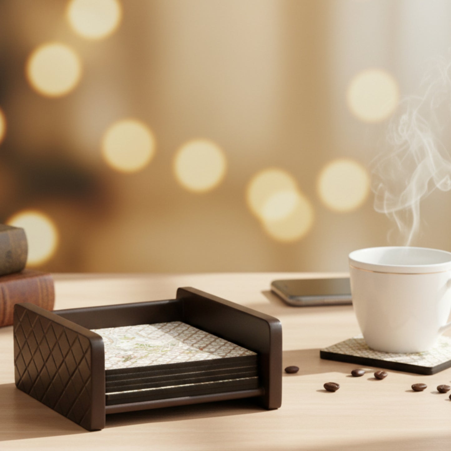 Set of 6 elegant tea coasters with holder — perfect for cups, mugs, and dining tables. Durable, stylish, and ideal for home décor or gifting.