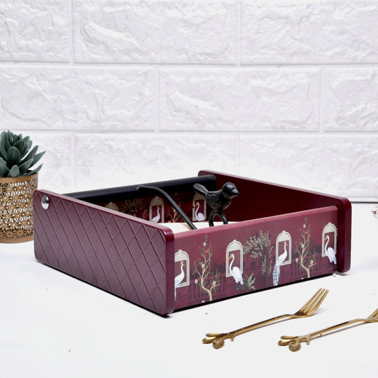 Decorative Wooden Tissue Box Holder for Dining Table & Living Room | Elegant Napkin Organizer with Printed Design