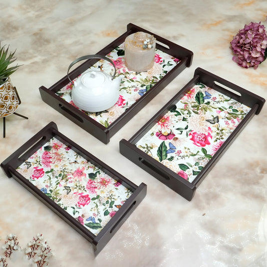 HomeSparkle Wooden Serving Tray Set of 3 – Sizes 16x10, 14x8 & 12x6 inch | Water-Resistant | MDF Print | Engineered Wood | Rectangular, Strong & Durable | Tray Set