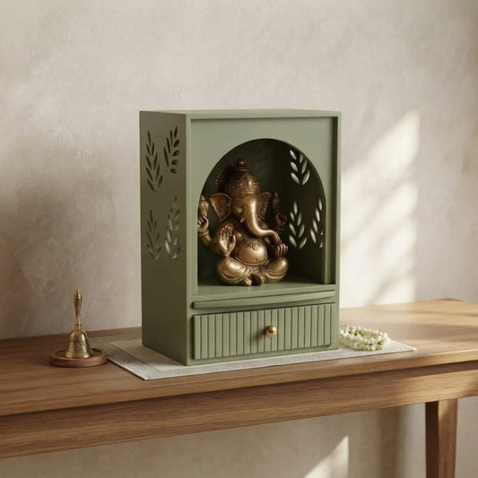Home Sparkle Modern Wooden Mandir | Leaf Pattern Home Temple with Storage Drawer