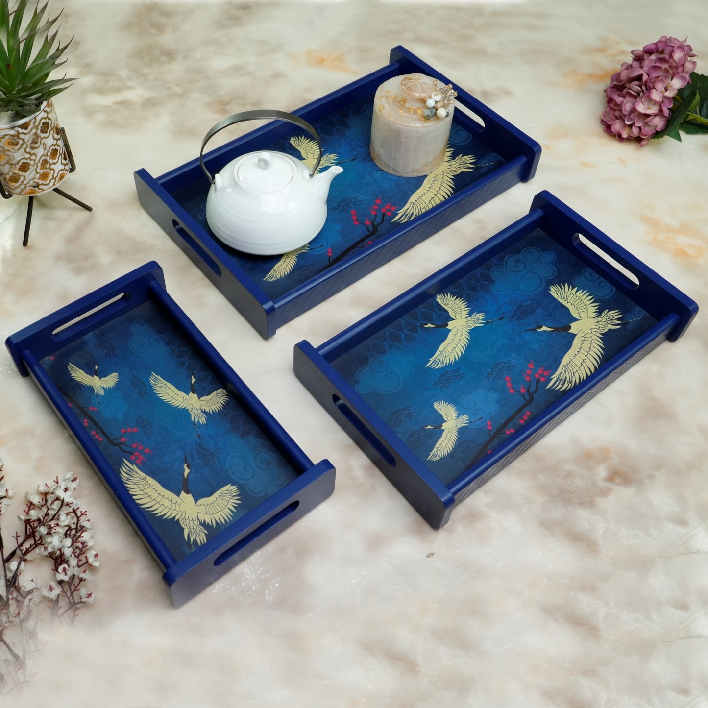 Home Sparkle Wooden Serving Tray Set of 3 – Sizes 16x10, 14x8 & 12x6 inch | Water-Resistant | MDF Print | Engineered Wood | Rectangular, Strong & Durable | Tray Set