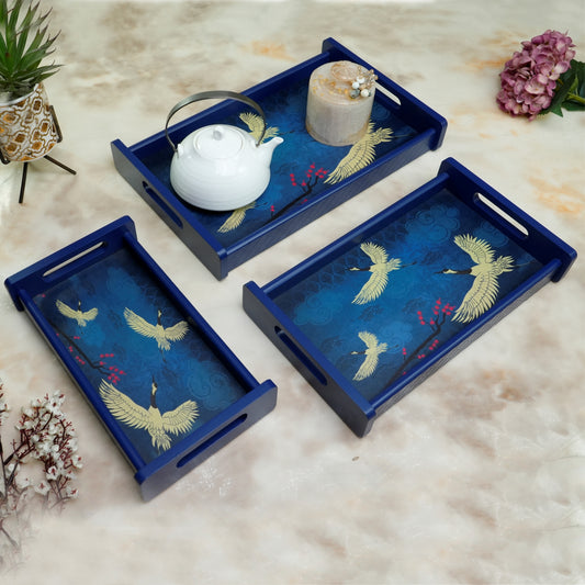 Home Sparkle Wooden Serving Tray Set of 3 – Sizes 16x10, 14x8 & 12x6 inch | Water-Resistant | MDF Print | Engineered Wood | Rectangular, Strong & Durable | Tray Set