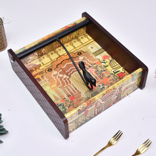 Wooden Tissue Box Holder for Dining Table & Living Room | Elegant Printed Napkin Organizer with Metal Handle
